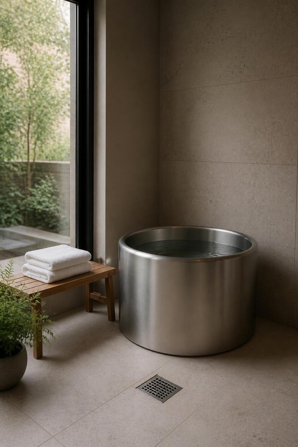 AI-generated illustration: brushed stainless steel cold plunge tub in a minimalist stone-tiled room with a floor drain