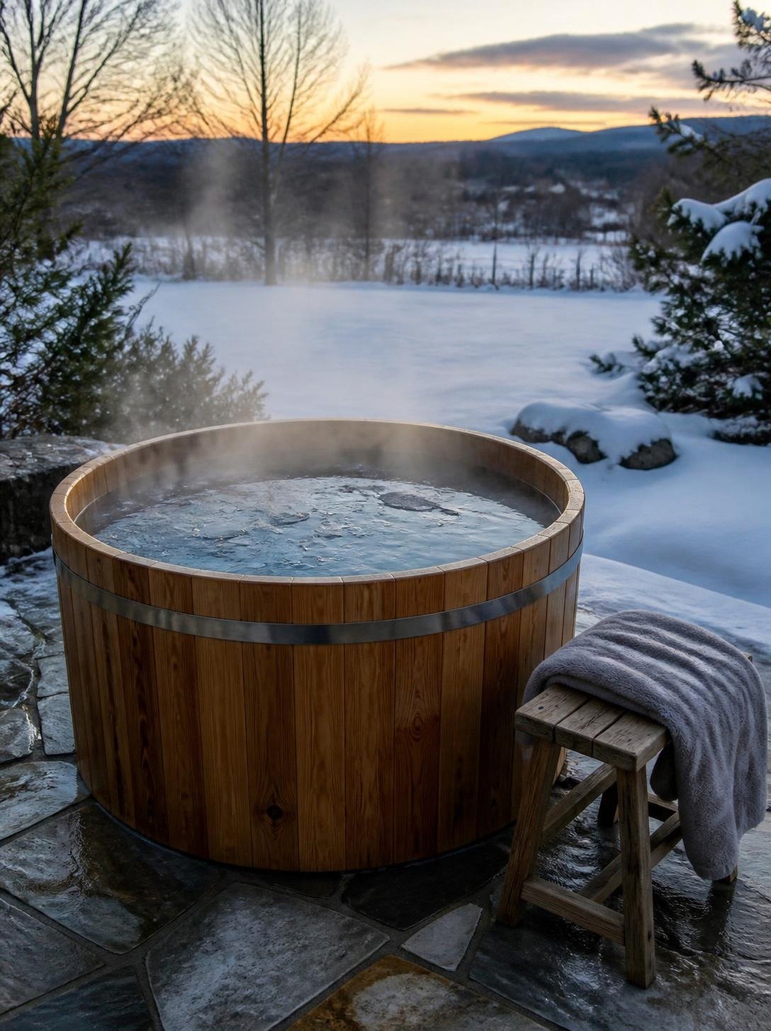 AI-generated illustration: cedar barrel cold plunge tub on a stone patio in a snowy backyard at dawn