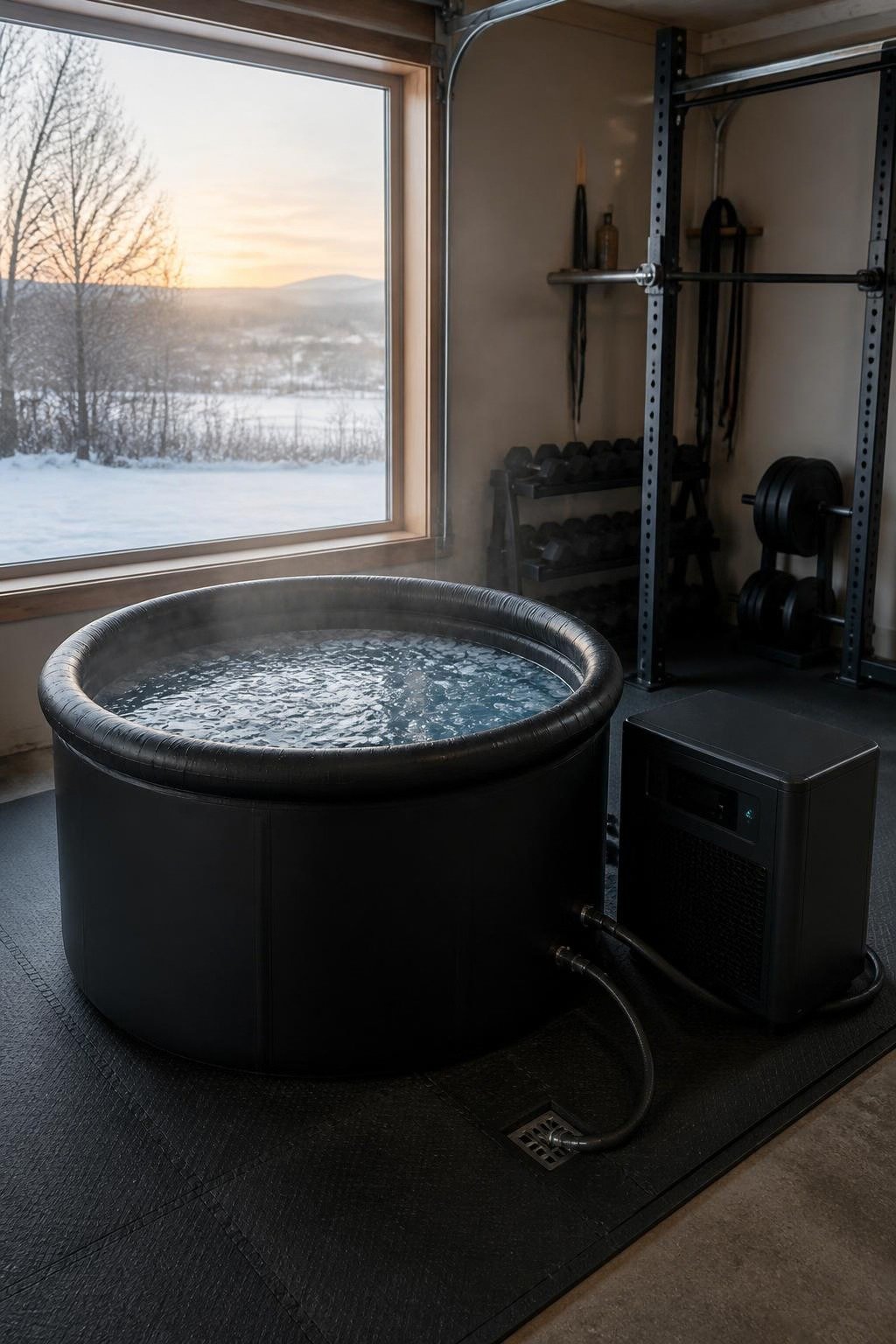 AI-generated illustration: black cold plunge tub with a separate chiller in a garage home gym on rubber flooring