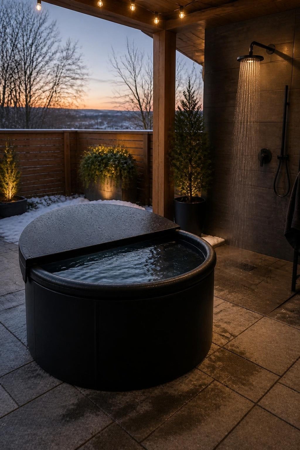AI-generated illustration: black rigid cold plunge tub on a covered patio with an outdoor shower and string lights