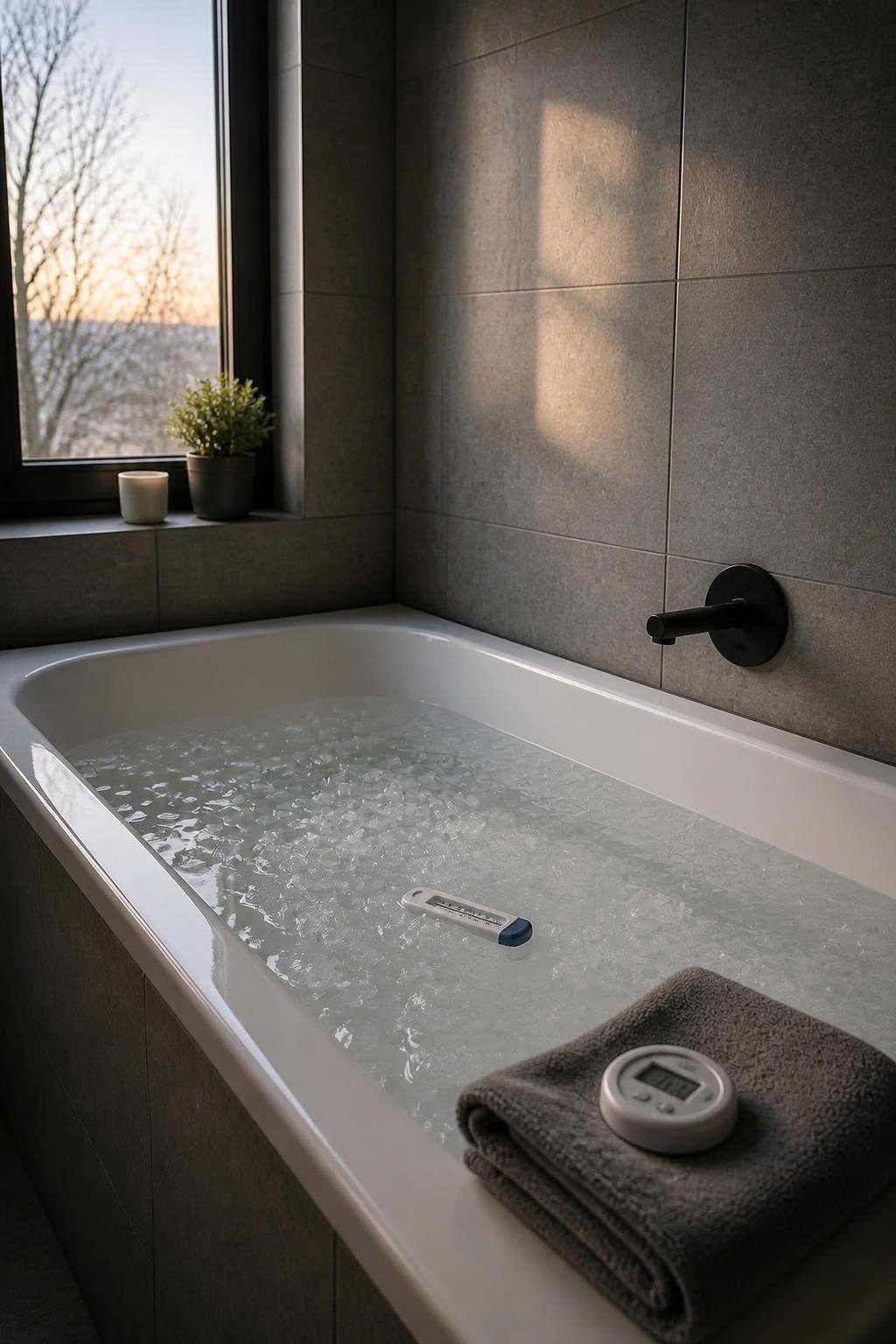 AI-generated illustration: standard bathtub filled with ice water, thermometer and towel in an apartment bathroom