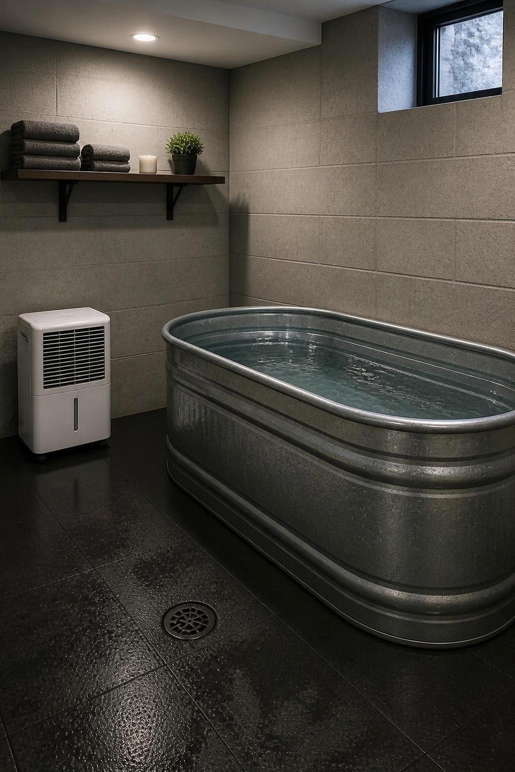 AI-generated illustration: galvanized stock tank cold plunge in a basement with a dehumidifier and floor drain