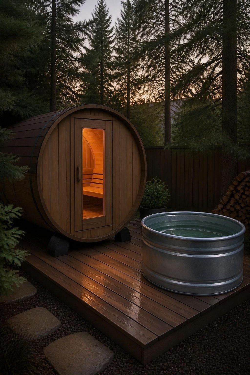 AI-generated illustration: small barrel sauna beside a round cold plunge tub on a ground-level deck