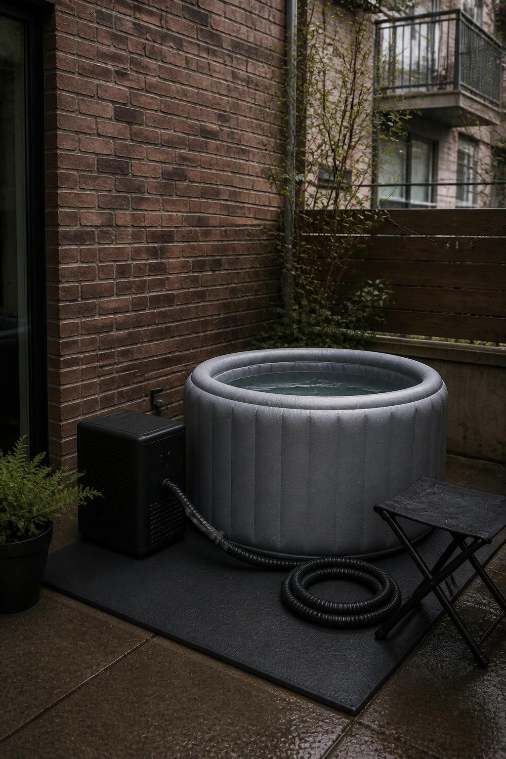 AI-generated illustration: grey inflatable cold plunge tub on a waterproof mat with a compact chiller on a small patio